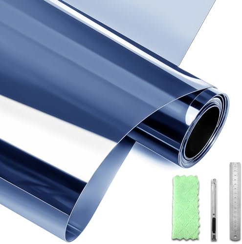 DARUITE One Way Window Film See Out Not in Privacy Film for Glass Windows, Mirror Window Film Non-Adhesive Static Cling, Reflective Anti-UV Window Tint for Home, Office（Blue-silver，44.3x200cm）