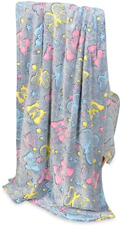 FEBE Kuscheldecke Kinder Leuchtend im Dunkeln Schmetterlinge 150x200 Flauschige Weiche Kinderdecke Kinderbettdecke Mädchen Jungen Glow Blanket