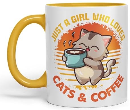 Vixar Just a Girl Who Loves Cats & Coffee, cat Sarcastic Joke Ceramic Coloured Mug Cup for Tea Coffee Hot Brew 330ml 11Oz (G Yellow)