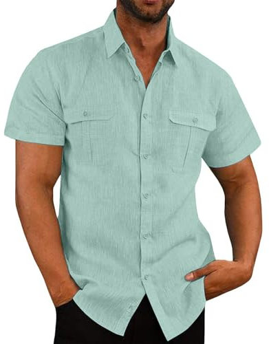 AEGJEGVD Men's Mint Green Solid Linen Cotton Short Sleeve Henley Neck Button Down Shirt, M, Regular Fit, Casual, 1 Count, 1 Pocket, Double Cuff, Imported
