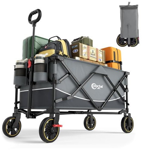 Portal Bollerwagen faltbar XXL Große Ladefläche 120kg belastbar Handwagen mit Getränkehalter Seitentasche Transportwagen Leiterwagen klappbar Strandwagen Faltwagen für Garten Camping Festival