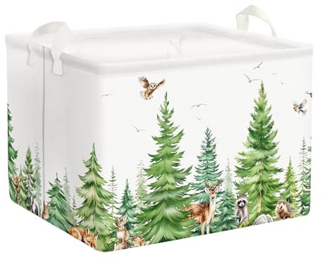 Clastyle Tannenwald Wildtiere Kinder Wäschekorb mit Henkel Faltbar Kleidung Spielzeug Aufbewahrungskorb Jungen Mädchen Aufbewahrungsbox für Babyzimmer Bad, Hirsche Eule, 40 * 30 * 30 cm