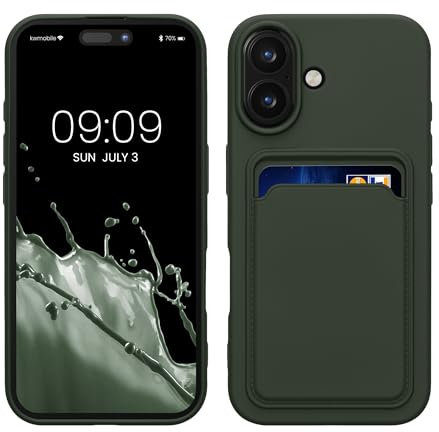 kwmobile Case Compatible with Apple iPhone 16 Case - TPU Phone Cover with Credit Card Holder - Dark Green