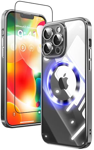 Mephoro 2 in 1 for iPhone 13 Case Crystal Clear, Not Yellowing, Compatible with Magsafe, with 1X Screen Protector + Camera Lens Protector, Shockproof Protective iPhone 13 Case, Black