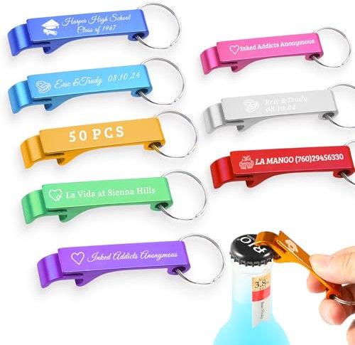 BEXOA 50 Pcs Personalised Bottle Opener Keyring - Custom Engraved Text/Logo Beer Bottle Opener Keyring Customised Party Gift for Wedding Favours for Guests (50)