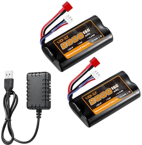 VICMILE 7.4V Li-ion Akku 2000mAh High Capacity RC Battery with Deans T Plug 2S Rechargeable Battery with 1 to 2 USB Charger Fit for WLtoys 4WD High Speed RC Cars Most 1/10, 1/12, 1/16 Scale Trucks