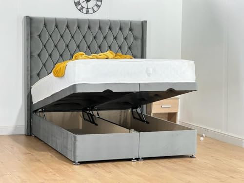 Divan Beds Deals - Opulent Grey Plush Ottoman Single Bed with Gas Lift Storage | Bed Frame with 48” Wingback Chesterfield Headboard & Spring Memory Foam Mattress | Luxury Bed Frame
