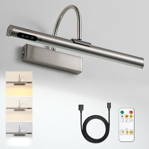 HARPER LIVING Rechargeable Picture Light Satin Nickel, Battery Operated Wall Light with Touch & Remote Control, Dimmable 3 Color Temps, Magnetic Wireless Wall Lamp for Pictures Frame Gallery