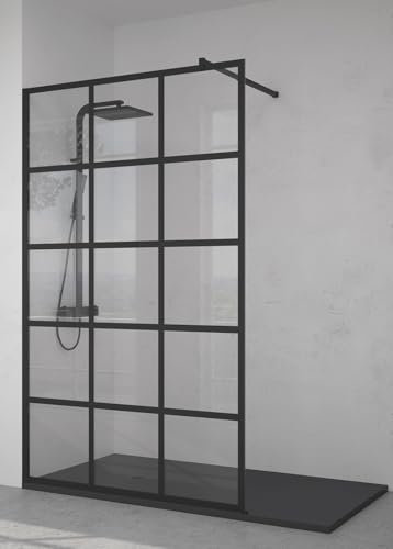 SoulBath Mampara de Ducha Panel Fijo, Fácil instalación, Cuadros, Vidrio de Seguridad 8 mm antical, 110 cm Ancho x 195 cm Alto, Perfil Negro
