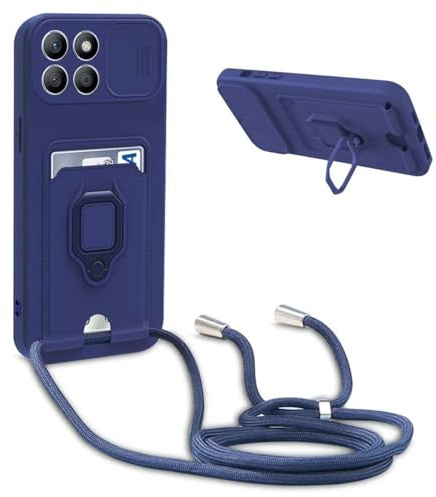 BGHHEU Funda Silicona con Cuerda para Xiaomi 14T Pro 5G,Case con Ranura para Tarjetas,Cubierta de Cámara Deslizante Proteger,Ajustable Collar de Cuello Cadena con Anillo Soporte,Azul