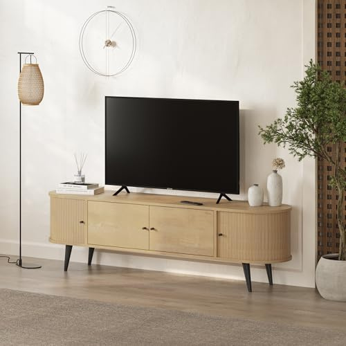HOCUS PICUS TV Stand with 2 Doors Storage Cabinet and Extra 2 Sliding, Oak