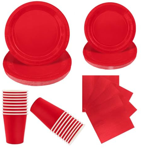 LAWALEISHE 96pcs Red Party Tableware Set, Disposable Red Paper Plates, Cups and Napkins, Solid Color Paper Tableware for Weddings, BBQ and Birthday Parties, Table Decorations