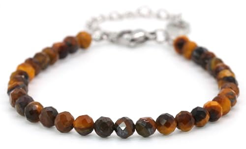 Echtes Tigerauge Edelstein Armband mit facettierten 4mm Perlen - Länge verstellbar - Heilstein Schutzstein Edelsteinarmband Glücksbringer Talisman Geschenk (Tigerauge, 16-21CM S)