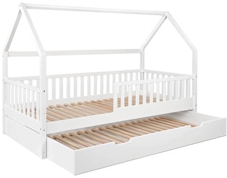 Ehrenkind® Hausbett Buche Livo | FSC Zertifiziert | Kinderbett mit Rausfallschutz | höhenverstellbar Massivholz Kinder Bett | Hausbett 200x90 | weiß mit Bettkasten