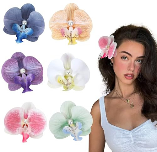 Auiremrti 6 Piece Flower Hair Clips, Hawaiian Tropical Orchid Hair Clips, Bohemian Hair Pins with Artificial Silk Flowers for Women and Summer Holiday