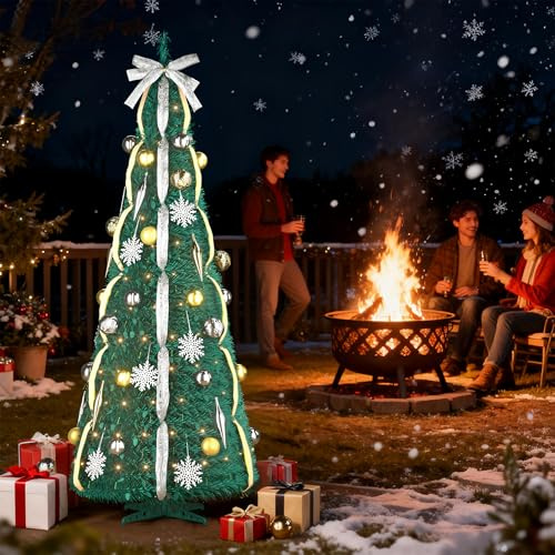 LZQ Pop-Up Weihnachtsbaum Silber 150, Faltbarer künstlicher Tannenbaum mit 100 LED Lichter, dekorierter Christbaum mit Schleifen, Bändern, LED Weihnachts Deko mit 8 Lichtmodi
