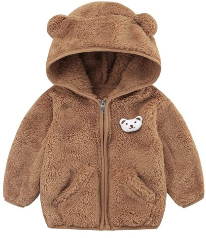 Achimlt Giacca Invernale Bambino in Pile Carino Orso Orecchie Cappuccio Giacche con Tasche Caldo Morbidi Antivento Giubbotto Neonato Regalo 0-24 Mesi
