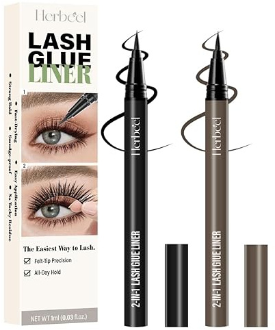2-in-1 Eyelash Glue Liner Pen, Strong Hold Waterproof Eyeliner Glue for False Lashes, Long Lasting & Quick Dry Lash Glue Liner, Latex Free, Herbeel