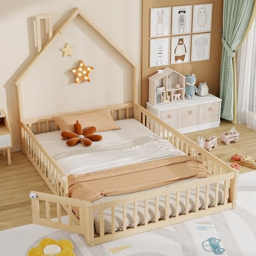 Zravenna 140 x 200 cm Bodenbett mit Rausfallschutz, Kinderbett Hausbett mit Schornsteinform, Minimalistischer Doppelbett mit Lattenrost,ohne Matratze, Kiefernholz (Natur, 140cm*200cm)