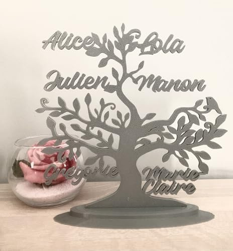 Générique Arbre de vie personnalisé avec les PRÉNOMS OFFERTS,Décoration à poser, décoration intérieur,anniversaire,noël baptême, mariage, St Valentin (Gris)