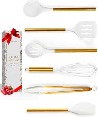 Styled Settings Ensemble d'ustensiles de cuisine blancs et dorés - 6 pièces - Ustensiles de cuisine en silicone avec spatule, fouet, pince, cuillère et spatule - antiadhésifs, sans BPA - Accessoires