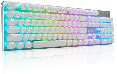 HUO JI E-Yooso Z-88 Wired Typewriter Style Mechanical Gaming Keyboard, Programmable RGB Backlit, Blue Switches - Clicky, USB-C Cable, Metal Panel, 104 Double-Shot Keycaps for PC, White