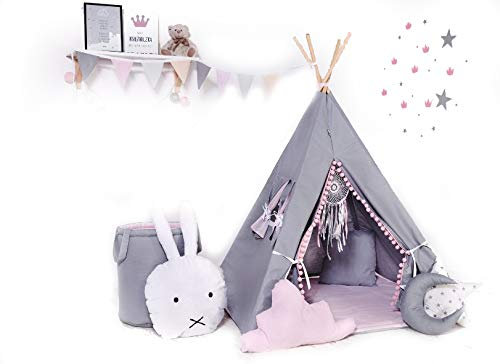 Kinder Teepee Tipi Set für Kinder Spielzeug drinnen draußen Spielzelt Zelt 8 Elemente dabei Tipi-Set Indianer Indianertipi mit Fenster usw. (mit Zubehör, Grauer Hase)