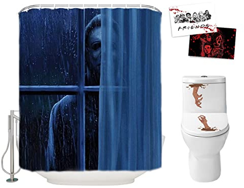 Halloween-Duschvorhang-Set für Badezimmer, gruseliger Killer, Michael Myers, der dich anstarrt, Horrorfilm-Thema, Polyester-Stoffdekoration mit Haken, WC-Aufkleber, 2 Postkarten, Party-Dekoration, 183
