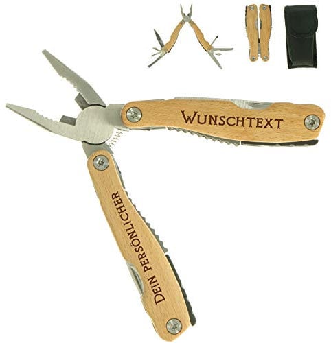 Personalisiertes Taschenmesser 'Wood' groß - Geschenk zum Vatertag - Multifunktionswerkzeug aus Edelstahl mit Buchenholzgriff - Camping Zubehör mit 9 Tools - ideal für zu Hause oder unterwegs