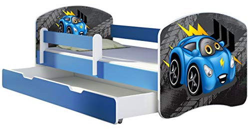 ACMA Kinderbett Jugendbett mit Einer Schublade und Matratze Blau mit Rausfallschutz Lattenrost II 140x70 160x80 180x80 (04 Blaue Auto, 180x80 + Bettkasten)