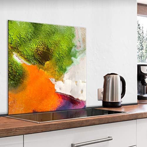 murando Glass Splashback for Kitchen Backsplash Cooker Protector Tempered Glass Decorative Wall Art Panel Heat Resistant Graphic 80x80 cm / 32x32 Abstract Orange Green White a-A-0637-aq-a