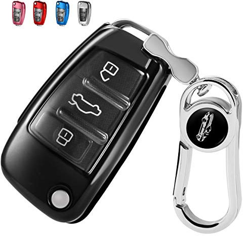 RYE Coque de protection en silicone TPU pour clé de voiture Audi à 3 boutons avec porte-clés, convient pour Audi A3/A1/S1/S3/RS3/A4/S4/RS4/A6/S6/RS6/Q3/RS/Q7/R8/TT/TTS/TTRS Noir