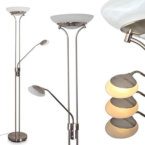 LED Stehleuchte Mairoa, Bodenlampe aus Metall in Nickel matt, moderne Stehlampe mit An-/Ausschalter am Gehäuse und stufenlos dimmbar, 1 x LED 27 Watt, max. 3150 Lumen, 3000 Kelvin, mit Lesearm