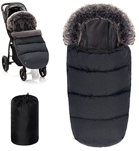 Zamboo Universal Thermo Fußsack mit Fell für Buggy Kinderwagen - Kinder Winterfußsack für 3-Punkt und 5-Punkt-Gurt, mit Kapuze und Fleece Futter - Dunkelgrau