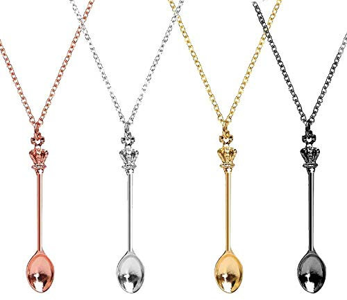 BEAUTYBIGBANG 4 Pieces Spoon Necklace Charm Spoon Pendant Necklace Tiny Mini Tea Spoon Necklace Antique Ket Spoon Necklace Festival Snuff Spoon Necklace for Women Men(Silver,Gold,Rose Gold,Black)