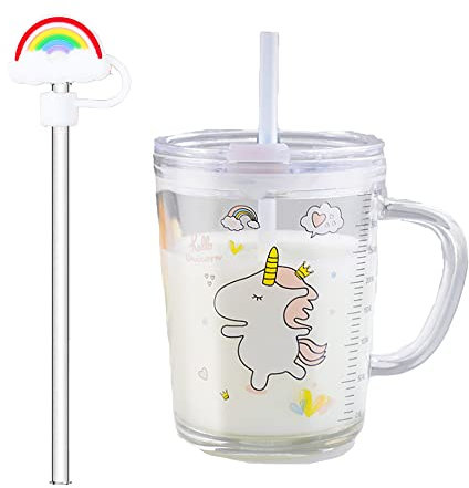 Banzimiao Tasse à lait Enfant avec Paille, Verre Transparent avec Paille 350ML Tasse de Lait pour les enfants, gobelet avec paille pour les tout-petits, licorne, 350ML