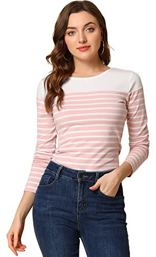 Allegra K Femmes Chemise col Rond Longue Bateau rayé T-Shirt Tops Rayures Rose et Blanc M