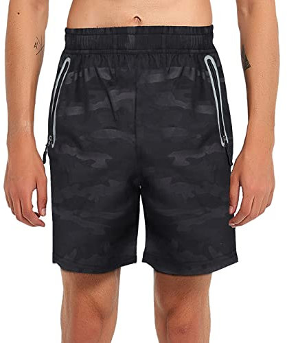 donhobo Kurze Hosen Herren Shorts Sport Trainingsshorts Fitness Short Sporthose mit Taschen Reißverschluss (Schwarze Camo, L)