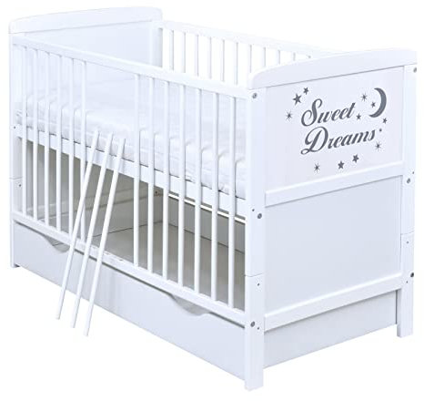 Baby Delux Babybett Kinderbett umbaubar zum Juniorbett weiß 140x70 Schublade Matratze mit Motiv Sweet Dreams (mit Kokos-Buchweizen-Matratze 140x70x9 cm)