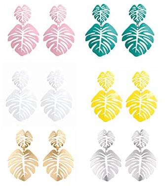 Gold Green Palm Leaf Dangle Earrings Tropical Monstera Leaves Eardrop for Women Girls Bohemia Jewelry, Metal, alloy