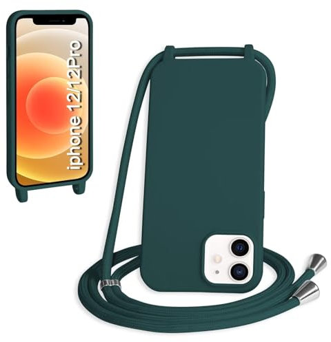 SLWYF Kompatibel mit iPhone 12 Pro/iPhone 12 Hülle, Handykette Hülle Silikon Seil Necklace Handyhülle mit Kordel Tasche TPU Bumper Schutzhülle für iPhone 12 Pro/iPhone 12 - Dunkelgrün