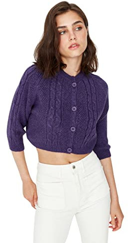 Trendyol Cardigan Lavorato a Maglia Girocollo di Base dalla vestibilità Regolare Maglione, Viola, S Donna