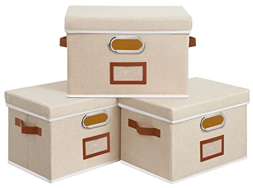 OUTBROS Storage Boxes with Lids, Baskets for Shelves, Foldable Fabric Organiser Box, Cubic Bins with Handle, Decorative Containers, 32 x 23 x 20 cm, Beige, 3-Pack