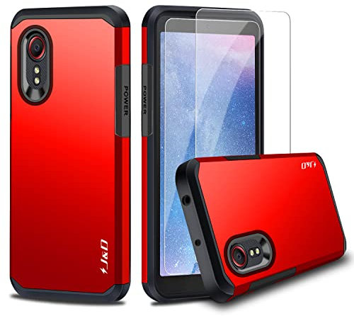 J&D Compatible pour Samsung Galaxy Xcover 5 Coque, Robuste Double Couche Coque de Protection Antichoc et Hybride avec 2 Pièces Protecteur d'Écran en Verre pour Galaxy Xcover 5, Rouge