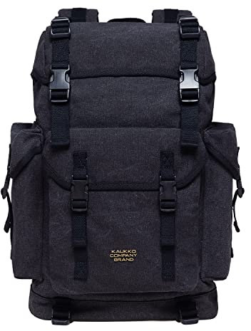 KAUKKO Canvas Groß Rucksack Damen Herren, Vintage Jagdrucksack Wanderrucksack mit 15 Zoll Laptopfach für Arbeit, Ausflüge, Uni, 23L, Schwarz-K1018