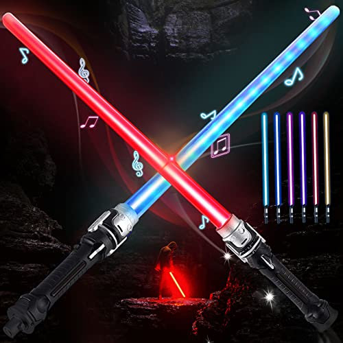Sable de Luz, 2 pcs Espada Láser para Niños 2 en 1 Telescópica y Plegable Espada láser Lightsabber con Luz y Sonido para niños LED Light Sabres para Cumpleaños Regalos Cosplay