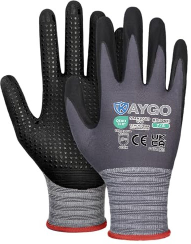 KAYGO 3 Paar Arbeitshandschuhe mit Grip Noppen für Anti-Rutsch Griff, KG19N, Nitril beschichtet Leicht Ölbestandig, Nahtlose Strick Nylon Schutzshandschuhe für Arbeit, Auto, Lager (Grau, S, Gr 7)