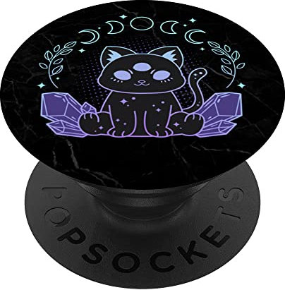 Black Witchy Goth Cat With Crystals And Crescent PopSockets Swappable PopGrip