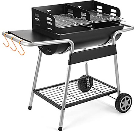 MOWEO Half Drum Barrel Steel BBQ Grill,Outdoor Garden BBQ Grill,With Wheels, Side Shelves, Grill Net and Placement net,for Outdoor Cooking,Camping, Picnic