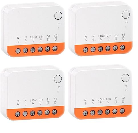 Mini R4 Interruptor inteligente WiFi de 2 vías, con función de temporización, mini interruptor R4, control remoto de aplicación, control de voz, modo de bricolaje, función de temporizador, 4 piezas